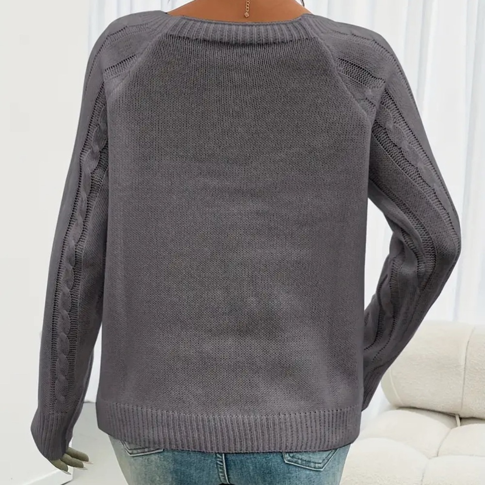 NWOT Timeless Gray Cable Knit Sweater with Button Accents, Size SM - Picture 2 of 4